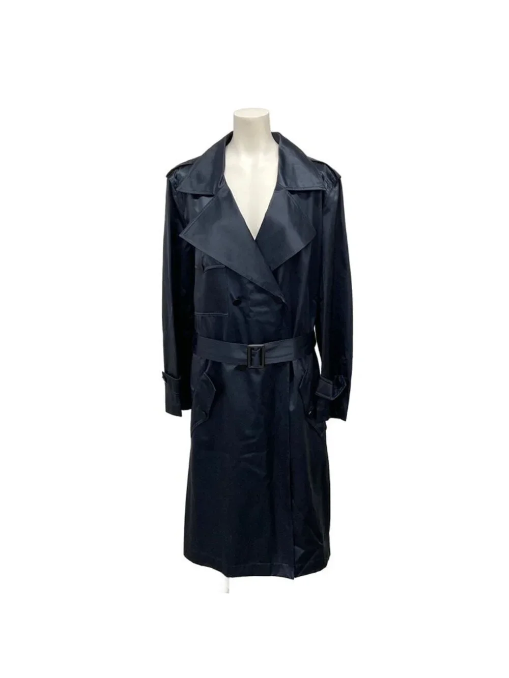 Chanel Trench Coat M Dark Navy Long Sleeve Silk Mixed Spring Cotton 40